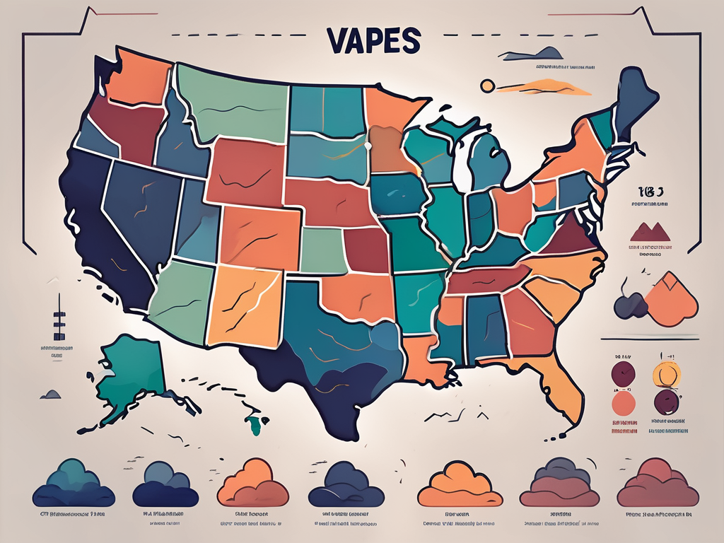 A map of the united states with different colored states to symbolize where you can buy vapes at 18