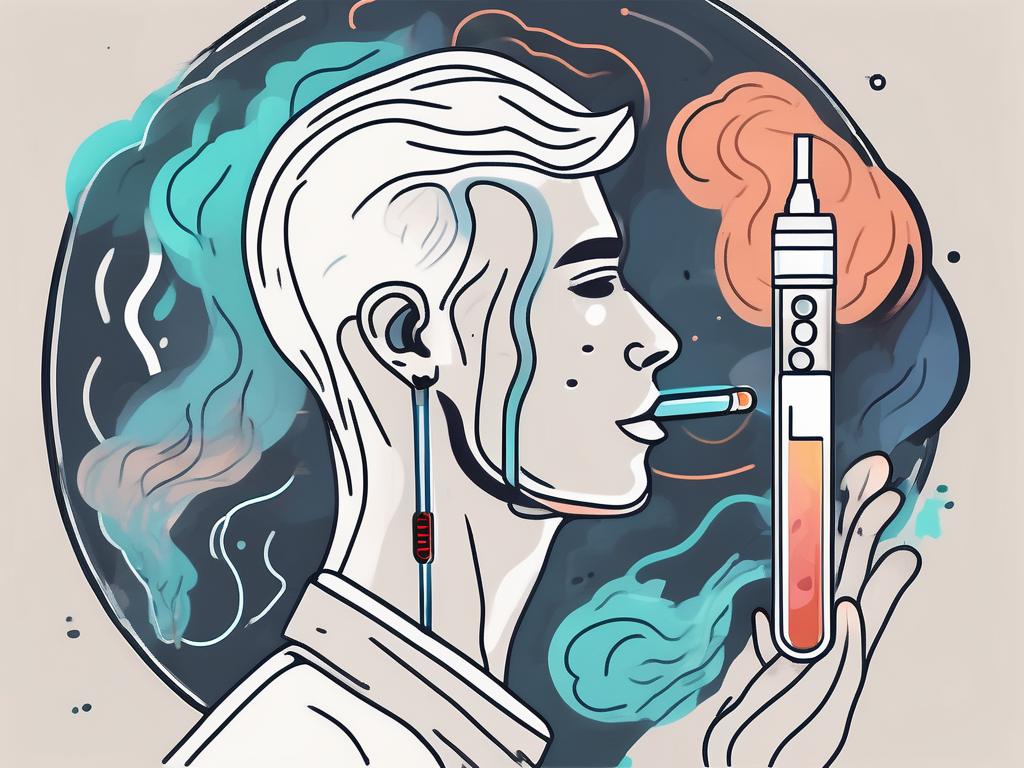 A disposable vape with a gloomy aura and a backdrop of common symptoms like a spinning head