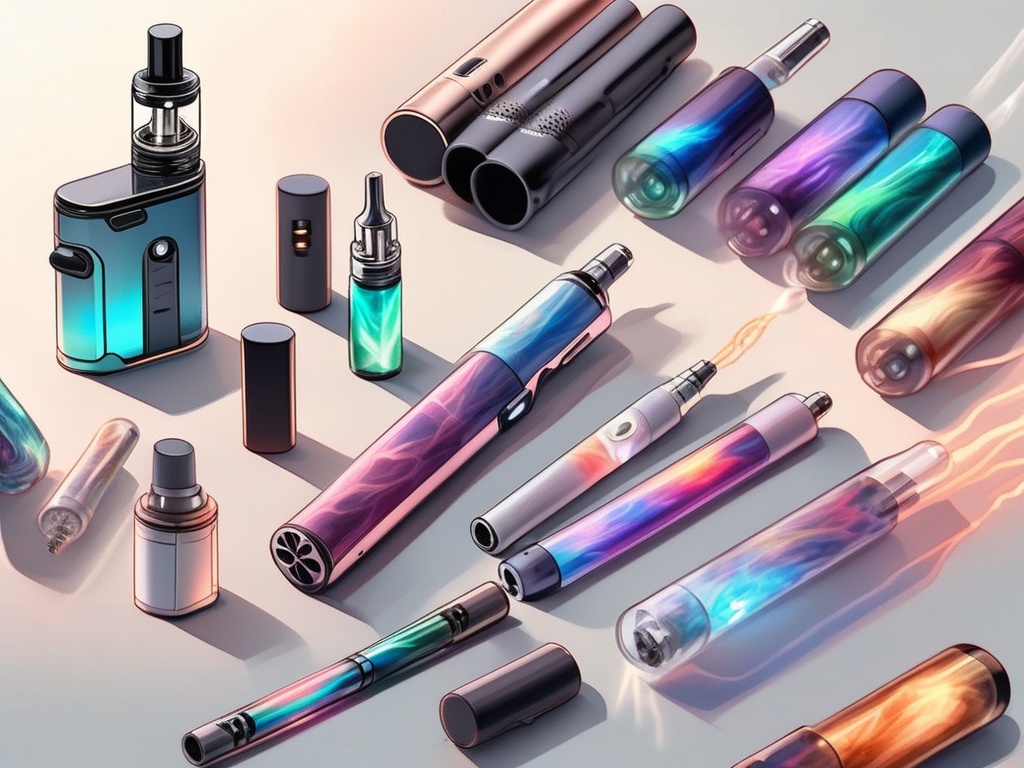 A variety of vape pens and e-cigarettes arranged on a table