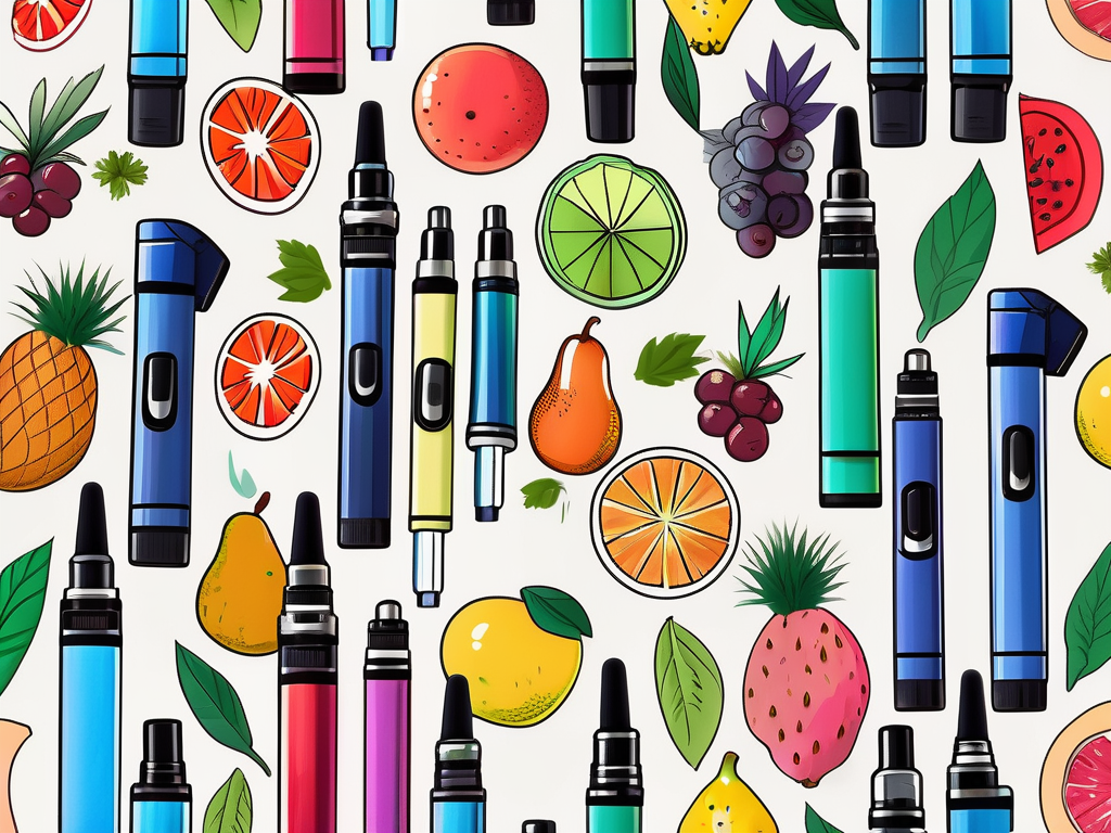 A variety of colorful disposable vape pens surrounded by an array of different fruits and herbs