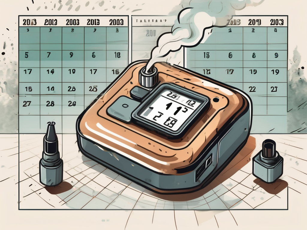 A vintage-style vape device against a backdrop of a calendar indicating the year 2003