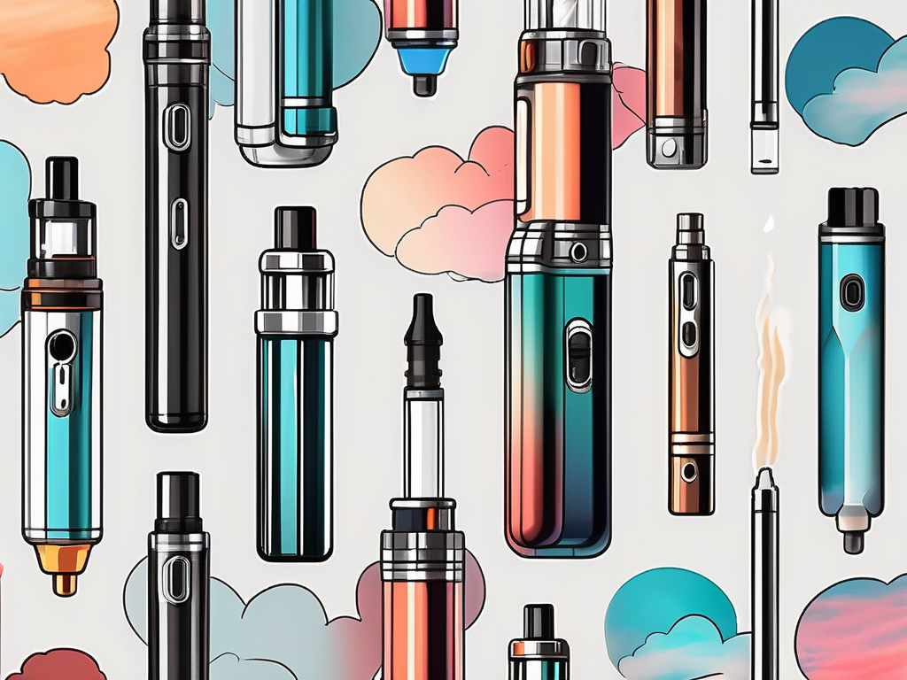 A variety of vape pens and e-cigarettes placed on a cloud