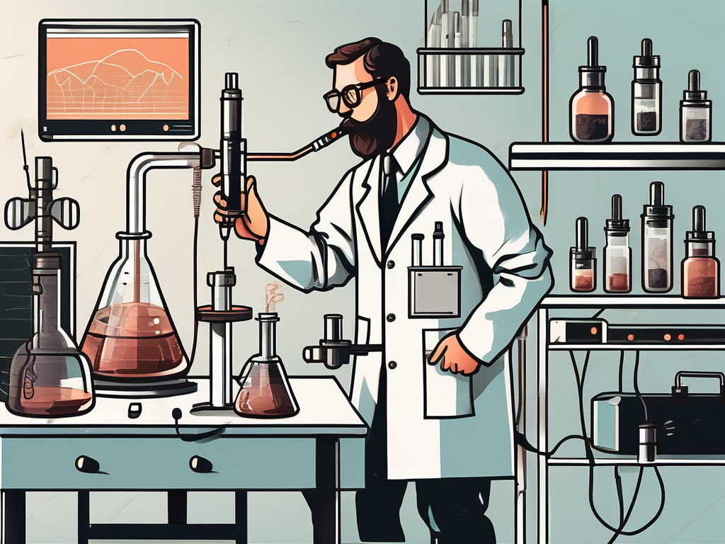 A vintage lab setting with various scientific equipment and a modern vape pen