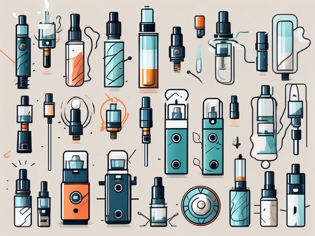 A variety of vape devices with safety symbols like check marks and shields