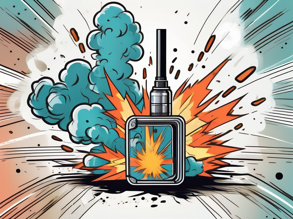 A vape device with a comic-style explosion in the background