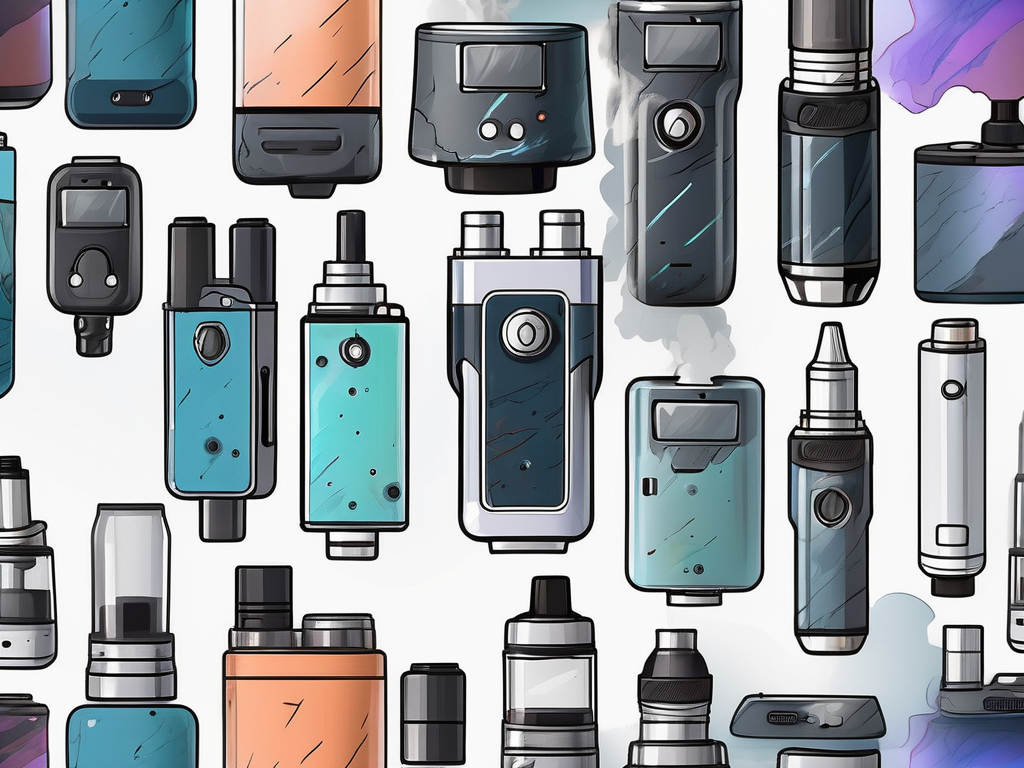 A variety of vape devices in different stages of use