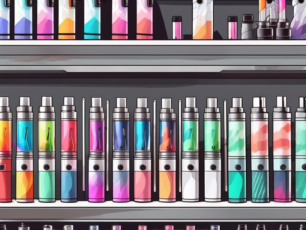 A variety of colorful disposable vapes arranged on a store shelf