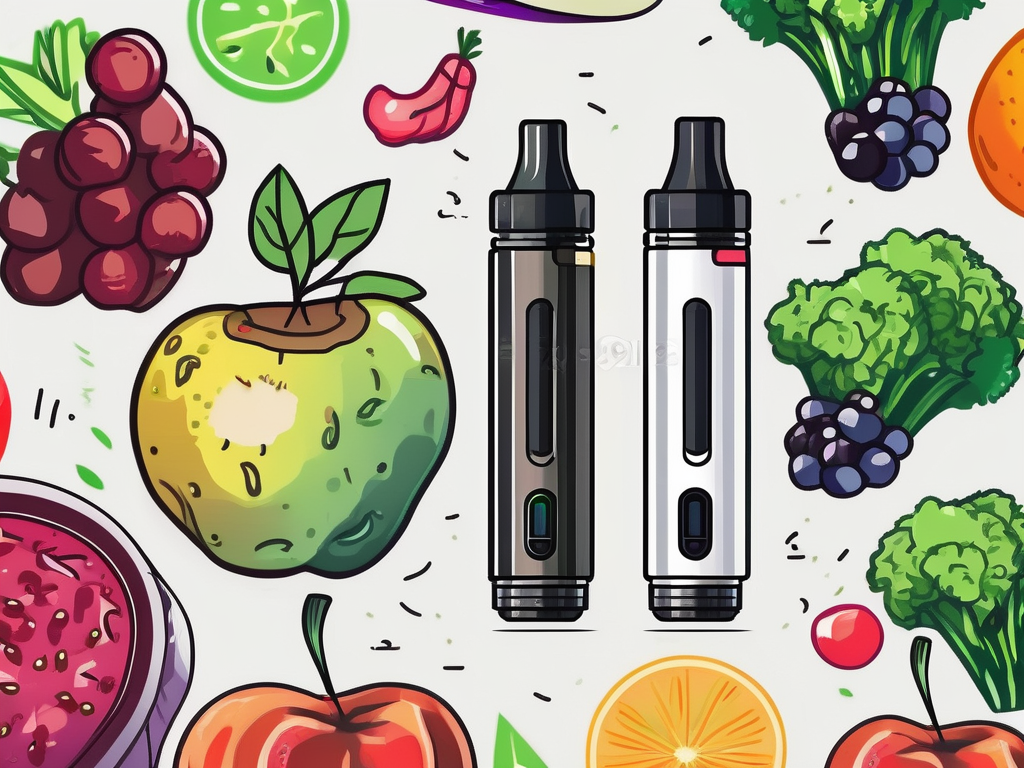 A vape pen next to a variety of fruits